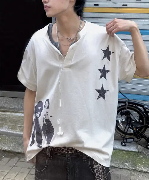[GRAVER] Unisex STAR3 Henly Neck Short Sleeve T-shirt / [UNISEX]STAR3 헨리넥반팔티 2color