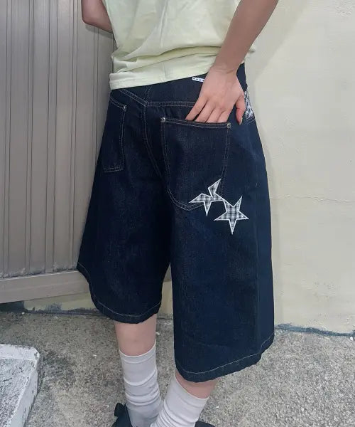 [CAVISH] CHECK APPLIQUE DENIM SHORTS BLUE(CV2GMFD160A)