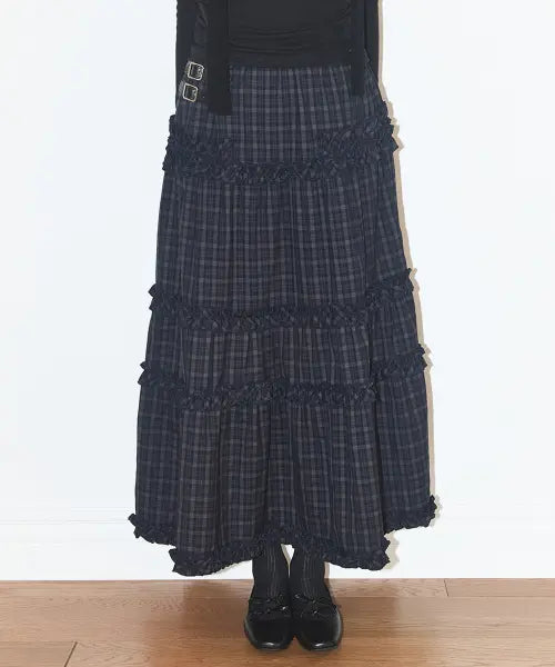 [ILLIGO] BUCKLE FRILL LONG SKIRT CHECK NAVY / 버클 프릴 롱 스커트 체크 네이비