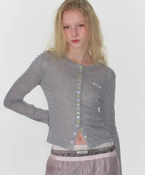 [CRANK] SHEER COLOR BUTTON CARDIGAN_MELANGE GREY / 시어 컬러 버튼 가디건_멜란지그레이