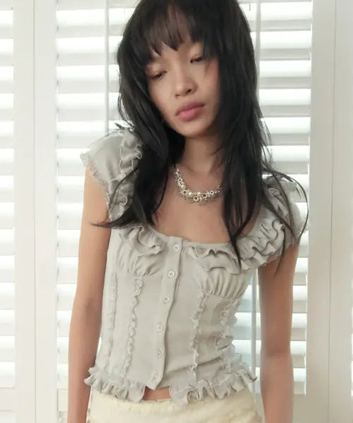 [LOSESLEEPOVER] Soft Ruffle Blouse *Ash Sage / 소프트 러플 블라우스 *애쉬 세이지