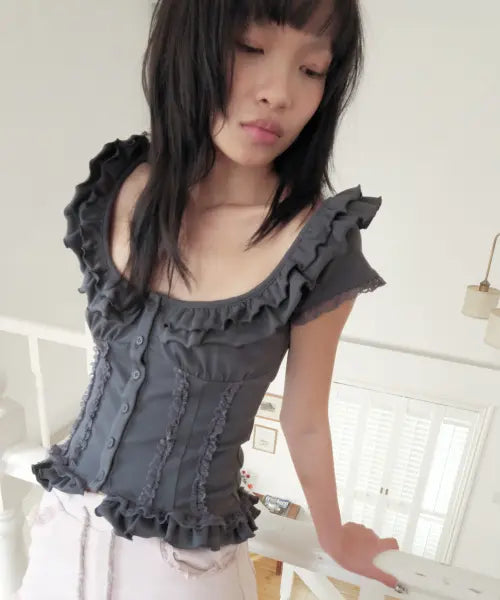 [LOSESLEEPOVER] Soft Ruffle Blouse *Dark Gray / 소프트 러플 블라우스 *다크 그레이