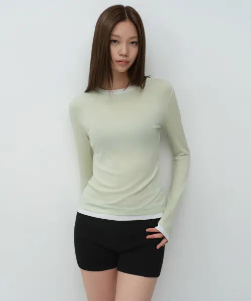 [MUSINSA STANDARD WOMAN] WOMENS WOOL TENCEL LAYERED SLIM LONG-SLEEVE T-SHIRT [LIGHT GREEN] / 우먼즈 울 텐셀 레이어드 슬림 긴소매 티셔츠 [라이트 그린]