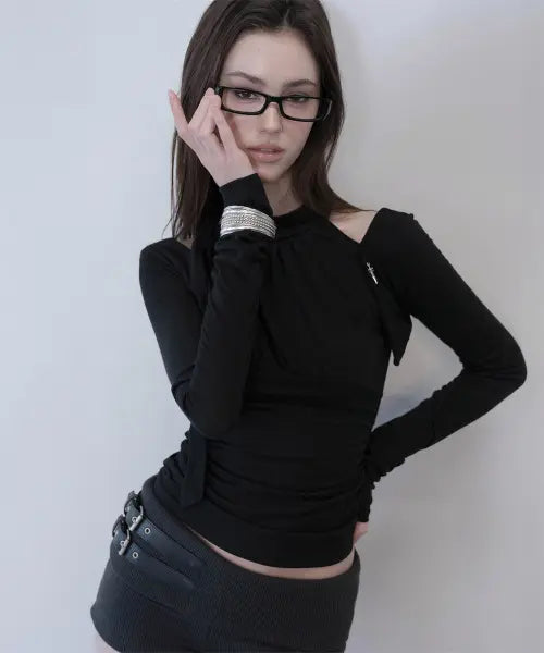 [DAMIO] Layered Scarf Shirring Top (Black)