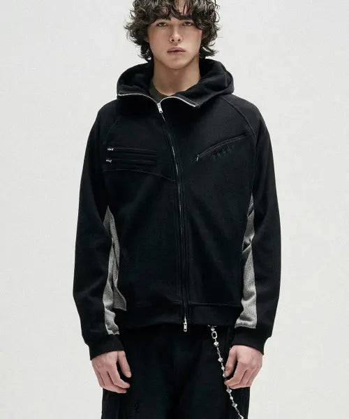 [NOT4NERD] Diagonal Rib Panel Hood Zip Up - Black