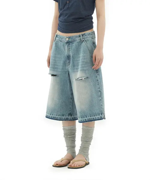 [DEFGARMENTS] WASHED BUCKLE DENIM SHORTS [INDIGO]