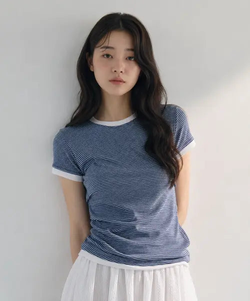 [SAYUU] Asymmetric Stripe Colorblock T-shirt Blue / 언발 스트라이프 배색 티셔츠 블루
