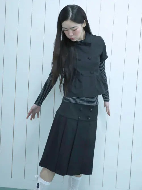 [UGLYSHADOW] BUTTON DOUBLE PLEATED MIDI SKIRT(BLACK) / 버튼 더블 플리츠 미디 스커트(블랙)