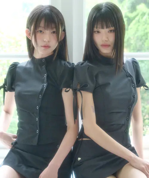 [ILLIGO] CHINA BUTTON COLLAR TOP CHARCOAL / 차이나 버튼 카라 탑 차콜