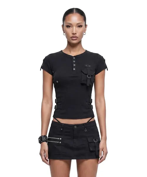 [BADBLOOD] Delta Utility Cotton Rib Half Henley T-Shirt – Black / 델타 유틸리티 코튼립 1/2 헨리넥 티셔츠 - 블랙