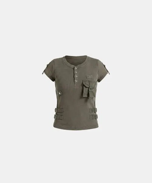 [BADBLOOD] Delta Utility Cotton Rib Half Henley T-Shirt – Military Green / 델타 유틸리티 코튼립 1/2 헨리넥 티셔츠 - 밀리터리 그린