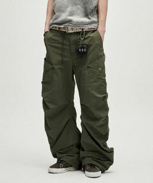 [NOT4NERD] Shirring Panel Curved Nylon Cargo Pants - Khaki