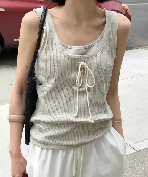 [TOAVE] Lace-Up Ribbed Sleeveless T-Shirt (Beige)