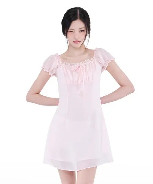 [ALKI ALKA] Puff Chiffon Mini Dress (Light Pink)