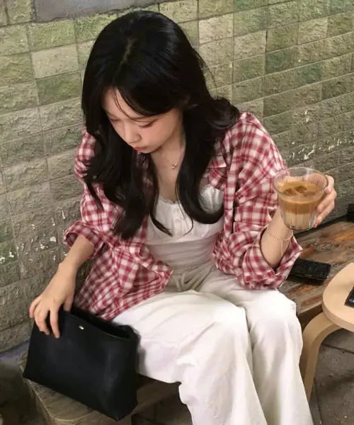 [STMG] Lettering Pocket Oversized Checkered Shirt Red / 레터링 포켓 오버사이즈 체크 루즈 셔츠 레드