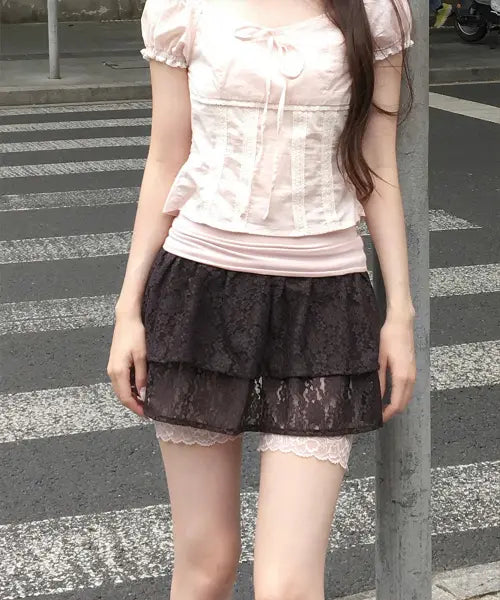 [WHISFAIRY] Ballet Lace Folding Skirt - CHARCOAL BROWN