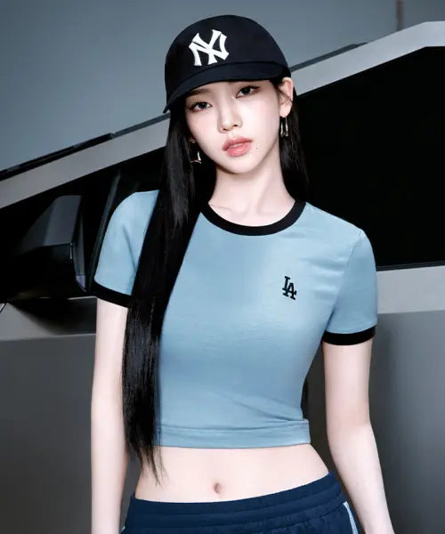 [MLB] Women's Basic Small Logo Ringer T-Shirt (L. Sky Blue) / 여성 베이직 스몰로고 링거 티셔츠 LA (L.SKY BLUE)