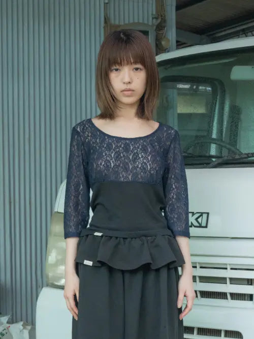 [PEEVES PEEVES] Sheer Lace Rib Top / Navy