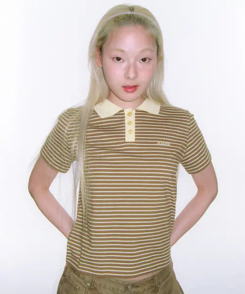 [AMES-WORLDWIDE] BASIC STRIPE COLLAR TEE BROWN