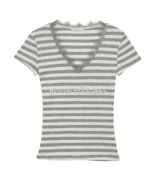 [HETIT] Lace Stripe Short Sleeve T-shirt (Light Gray) / 레이스 스트라이프 반팔 티셔츠 (라이트그레이)