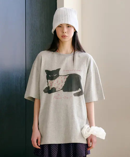 [FUNFROMFUN] Nero Cat Half Tee, Melange Grey