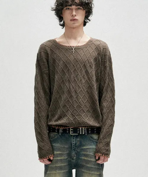 [NOT4NERD] Distressed Contrast Hand Stitch Knit - Khaki