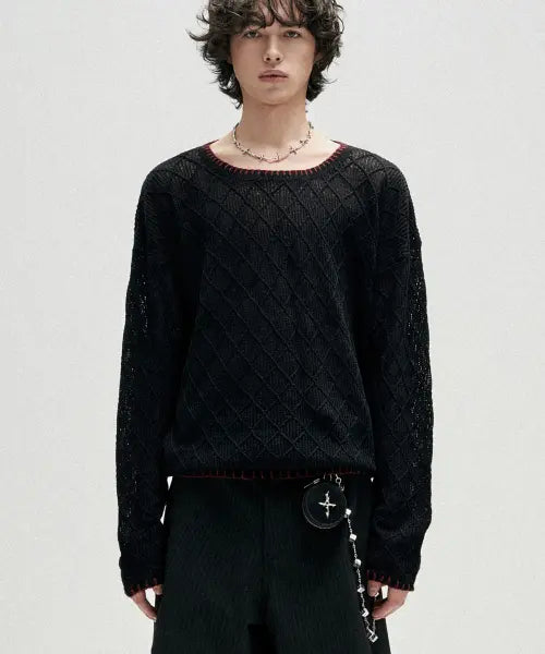 [NOT4NERD] Distressed Contrast Hand Stitch Knit - Black