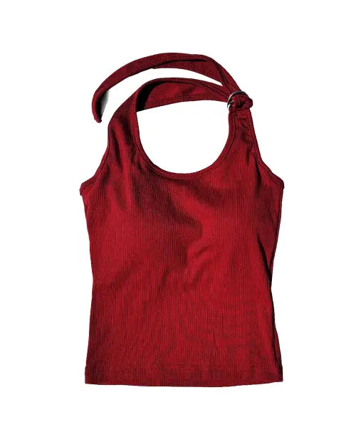 [DOLZABI] Adjustable Ribbed Halter Sleeveless (Burgundy) / 끈조절 골지 홀터넥 슬리브리스 (버건디)