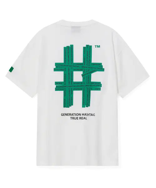 [BEENTRILL] Green Taping Hashtag Oversized Short Sleeve T-Shirt (Off White) / 그린 테이핑 해시태그 오버핏 반팔티(오프 화이트)