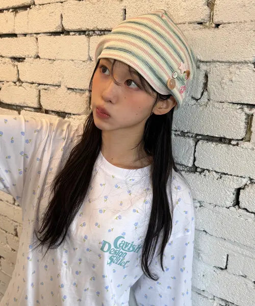[CAVISH] STRIPED BUTTON BEANIE PINK(CV2GSUAB21A)