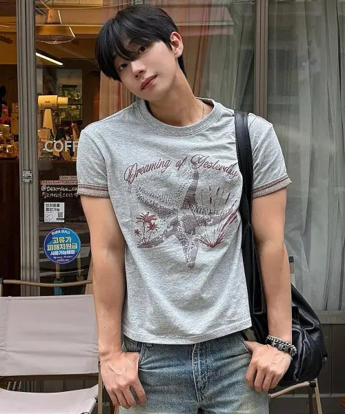 [LEATHERY] Ocean Haze Roll Up T-Shirt [MELANGE] / [크롭] 오션 헤이즈 롤업 반팔 티셔츠 [MELANGE]