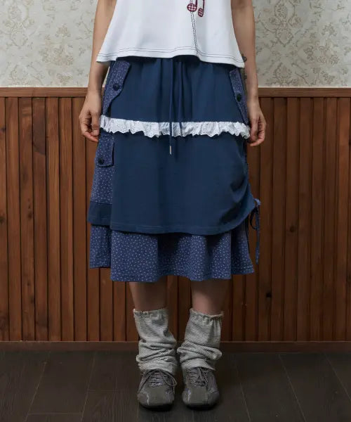 [LOSERS CLUB] [jamaehwa] LSC STAR LAYERED SHIRRED SKIRT NAVY / [jamaehwa] 스타 레이어드 셔링 스커트 네이비