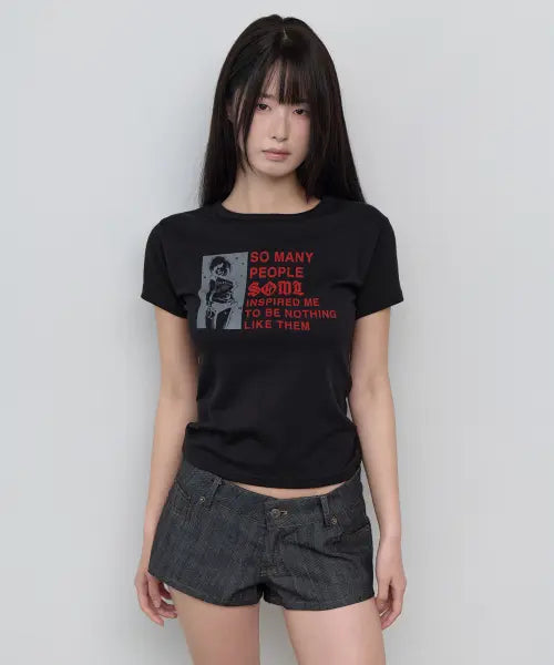 [5OML] people slim crop short black / 피플 슬림 숏 슬리브 블랙