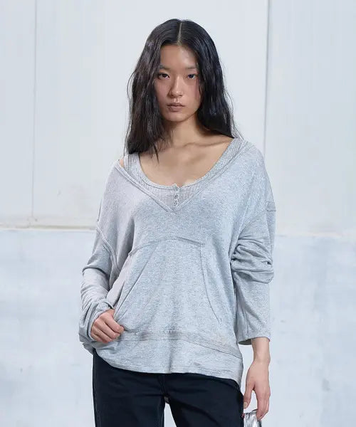 [DEINET] RAW V LONG SLEEVE IN MELANGE GREY