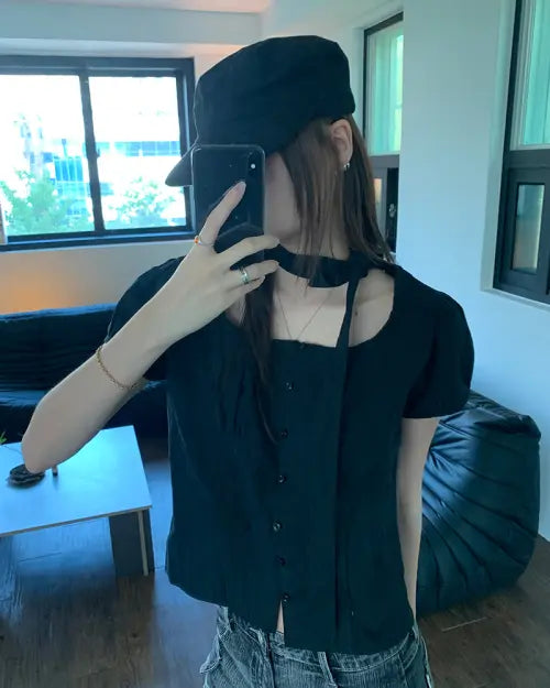 [HAVISM] SCARF SQUARE NECK BLOUSE(BLACK)