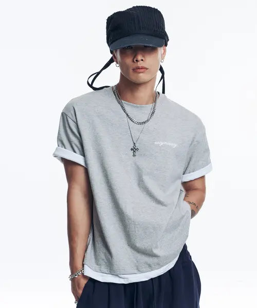[EASY NO EASY] Layered Roll-Up Cropped T-Shirt - Grey / 레이어드 롤업 크롭 티셔츠 - 그레이