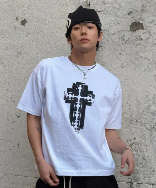 [AMOU] Razor Cross Half T-Shirts White