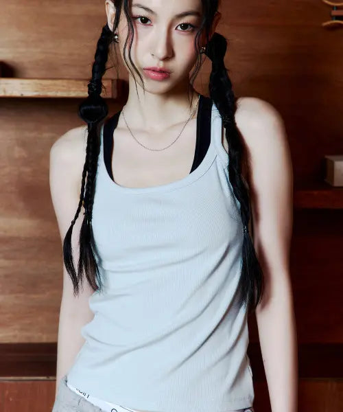 [LIKE A MODS] Line glossy ribbed sleeveless_Light blue / 라인 글로시 골지 나시 티_라이트 블루