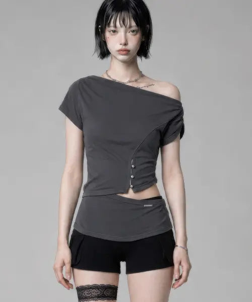 [ETRE AU SOMMET] Cut-Out Open Short Sleeve (Dark Gray)