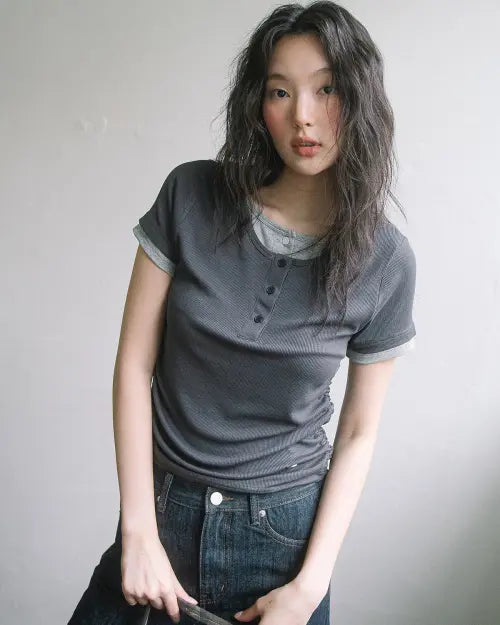[HAVISM] DOUBLE HENLEY NECK S/S TEE(CHARCOAL)