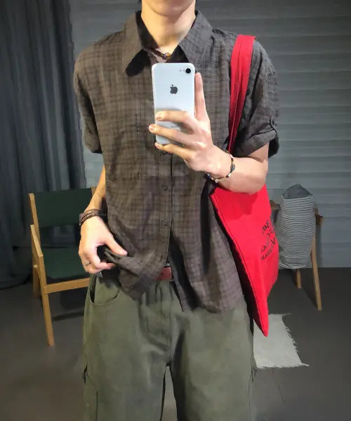 [OURDAYZ] Surf Roll-Up Crop Check Short-Sleeve Shirt [2 Colors] / 서프 롤업 크롭 체크 반팔 셔츠 [2COLORS]