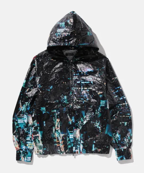 [BAPE] Overall Print Creased Hooded Jacket (M) - Black / 오버롤 프린트 크리즈 후디드 자켓(M) BLACK