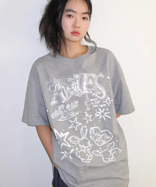 [AMES-WORLDWIDE] RABBIT ART DRAWING TEE GREY