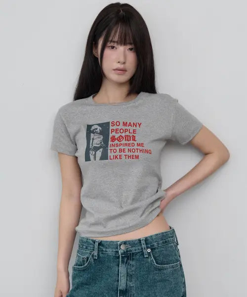 [5OML] people slim crop short melange Gray / 피플 슬림 숏 슬리브 멜란지 그레이