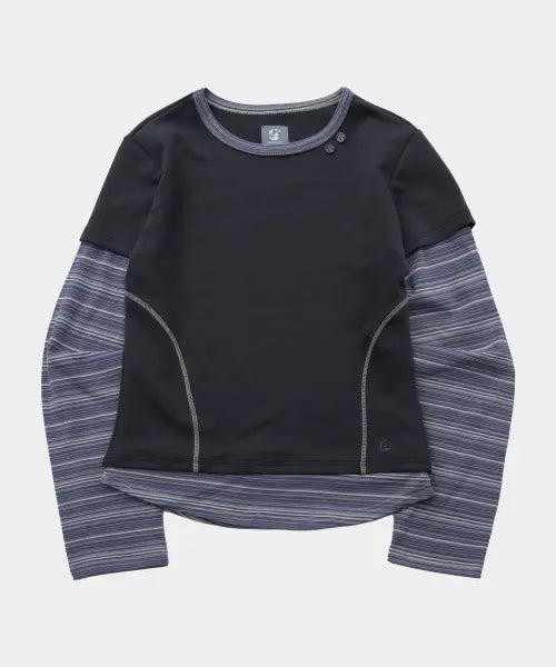 [SOME PLACE] Stripe Colorblock Stitch Detail Layered Long Sleeve T-shirt [Charcoal] / 스트라이프 배색 스티치 포인트 레이어드 롱 슬리브 티셔츠 [차콜]