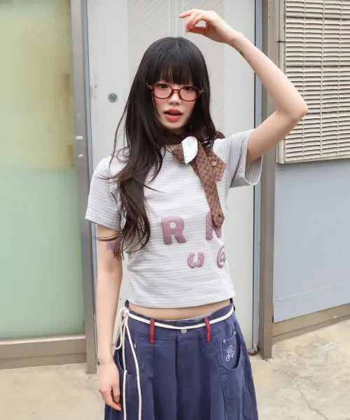 [RuNaKi'Hu'] WXT080 Narabi Striped Shirring T-Shirt (LIGHT PURPLE) / WXT080 나라비 스트라이프 셔링 티셔츠 (LIGHT PURPLE)