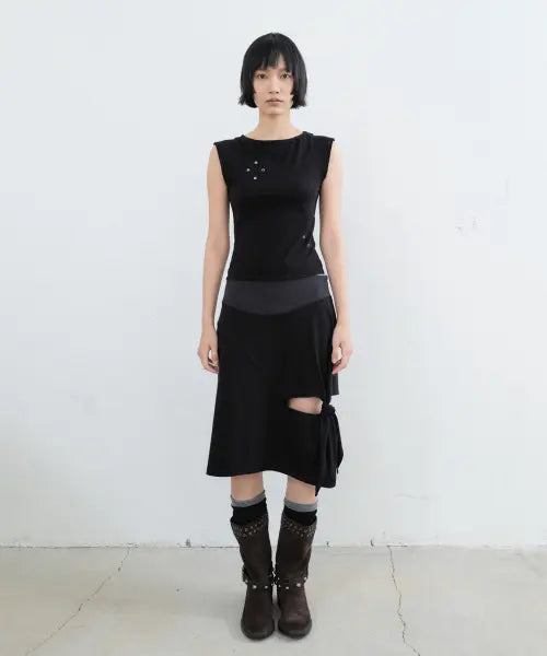 [SEALOT] TIED-UP SLIT JERSEY MIDI SKIRT (BLACK) / [1차 리오더] 타이드-업 슬릿 져지 미디 스커트 (블랙)