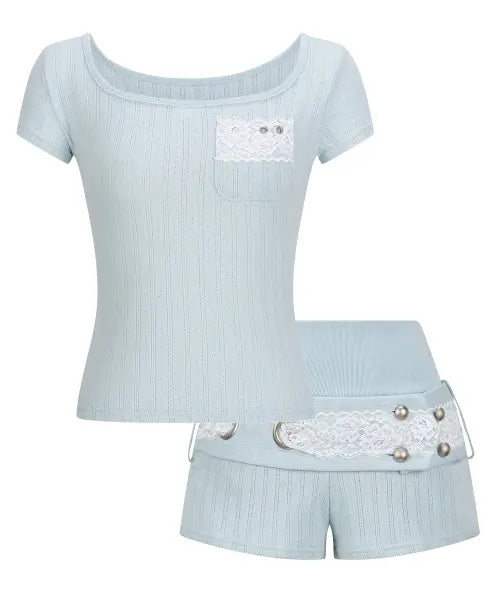 [ILLIO] [SET] Eyelet mint Square Neck Lace Pocket T-shirt + Lace Belted Shorts
