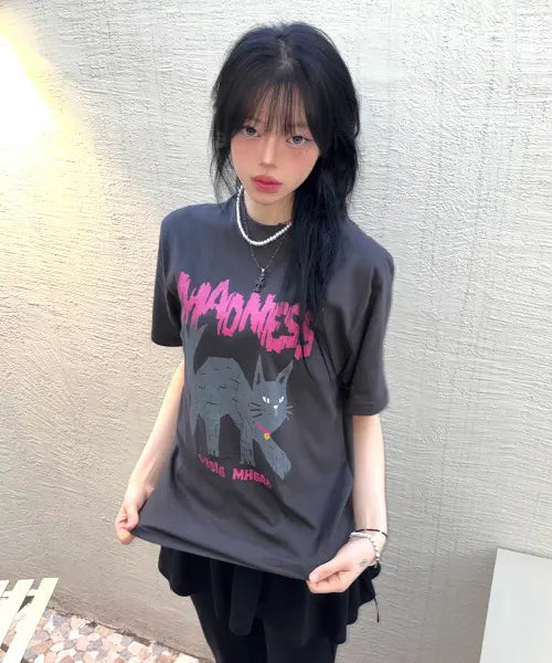 [MAHAGRID] MADNESS CAT TEE CHARCOAL(MG2GMMT521A)