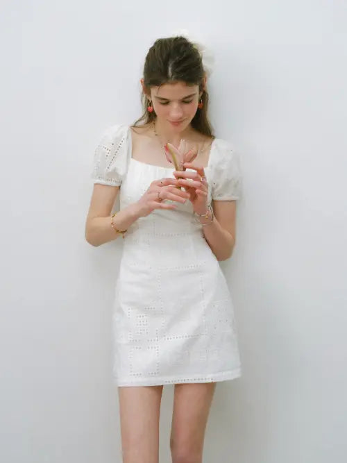 [SINCETHEN] Eyelet Square neck Mini Dress / 아일렛 스퀘어넥 미니원피스